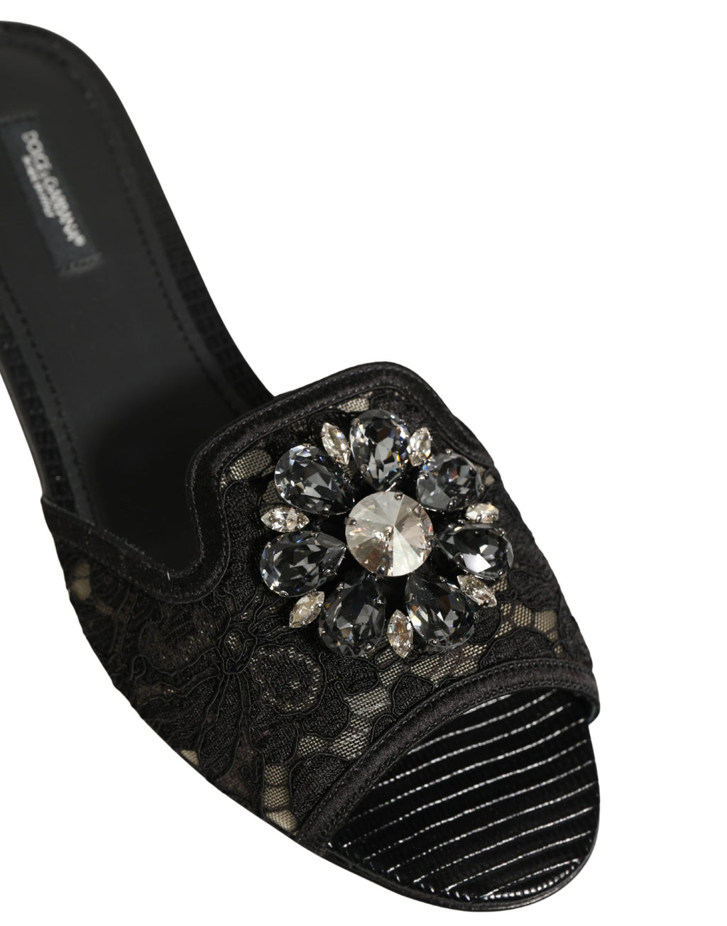 Chaussures plates Dolce & Gabbana Devotion en dentelle noire, slip-on élégantes pour femmes.