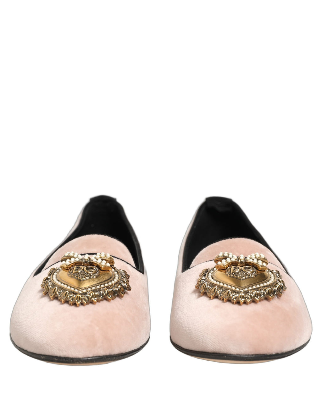 Chaussures Dolce & Gabbana Devotion en velours rose, loafers plats élégants avec finition raffinée, vues de l'avant.