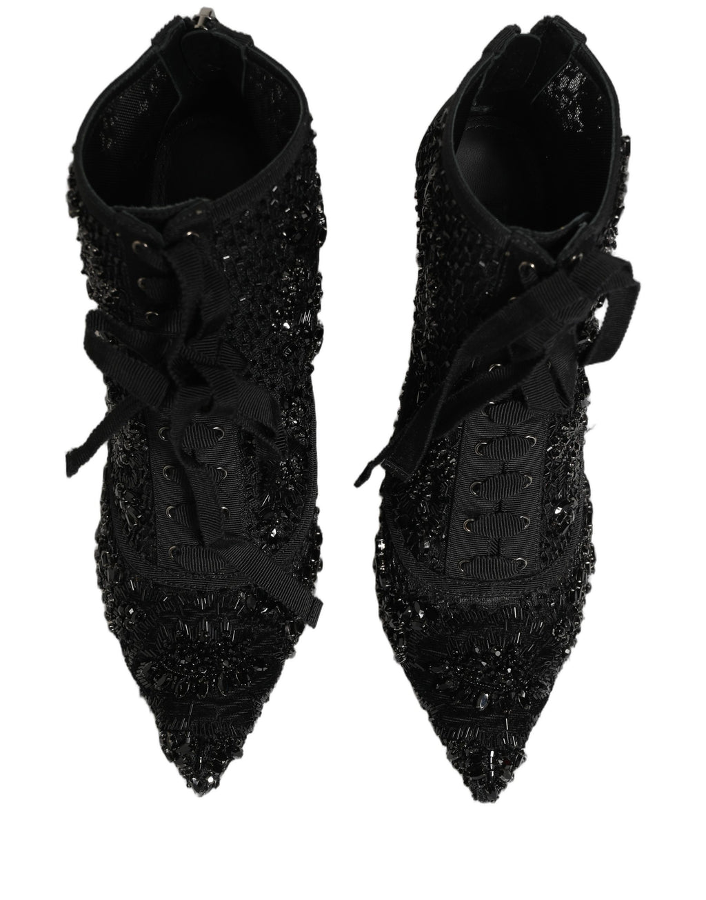 Bottes ankle en mesh noir de Dolce & Gabbana avec embellissements élégants, chaussures sophistiquées et tendance.