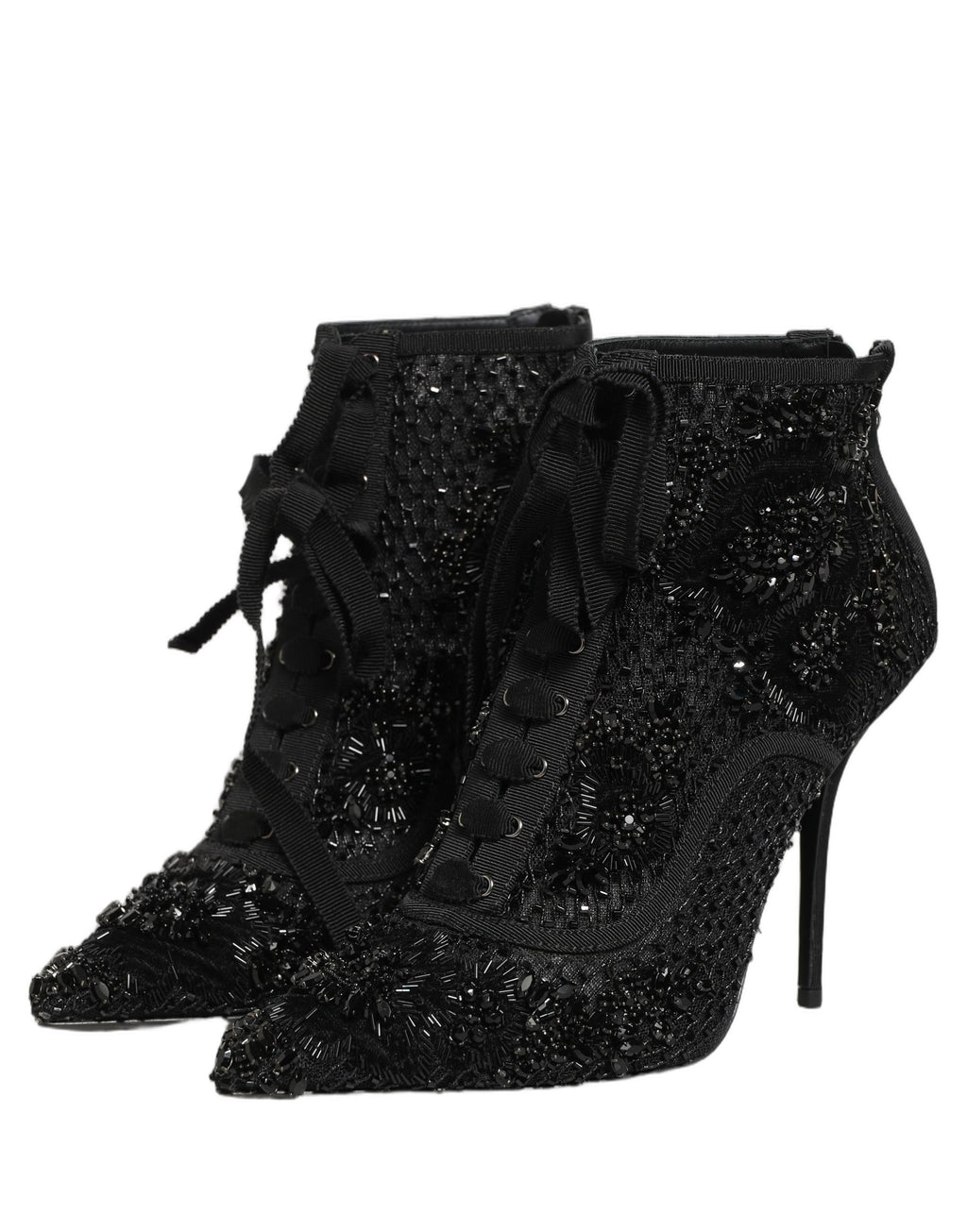 Bottes à talons ankle en mesh noir Dolce & Gabbana avec embellissements, élégantes et sophistiquées, vues de côté.