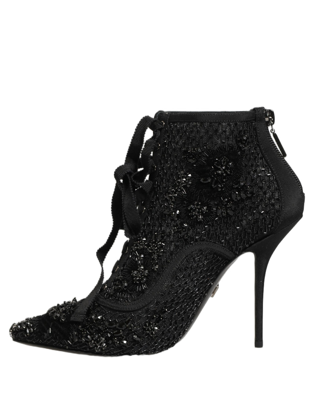Bottes ankle en mesh noir Dolce & Gabbana avec embellissements brillants, élégantes et sophistiquées, vues de face.