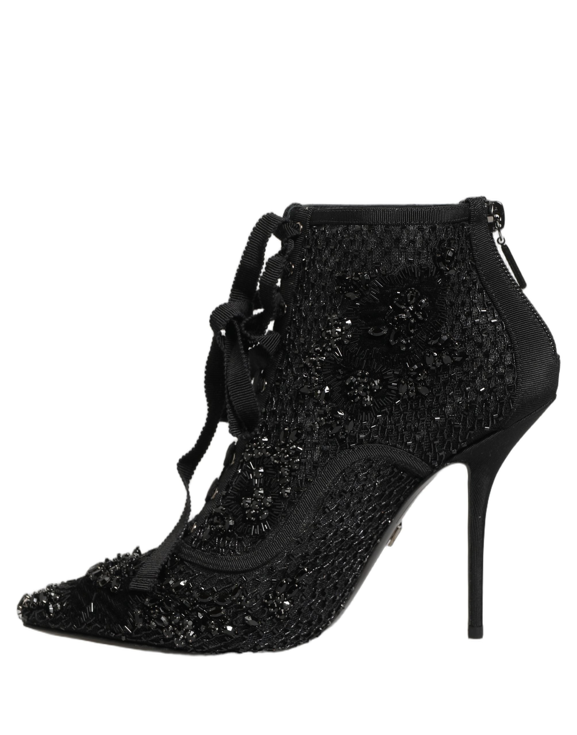 Bottes ankle en mesh noir Dolce & Gabbana avec embellissements brillants, élégantes et sophistiquées, vues de face.