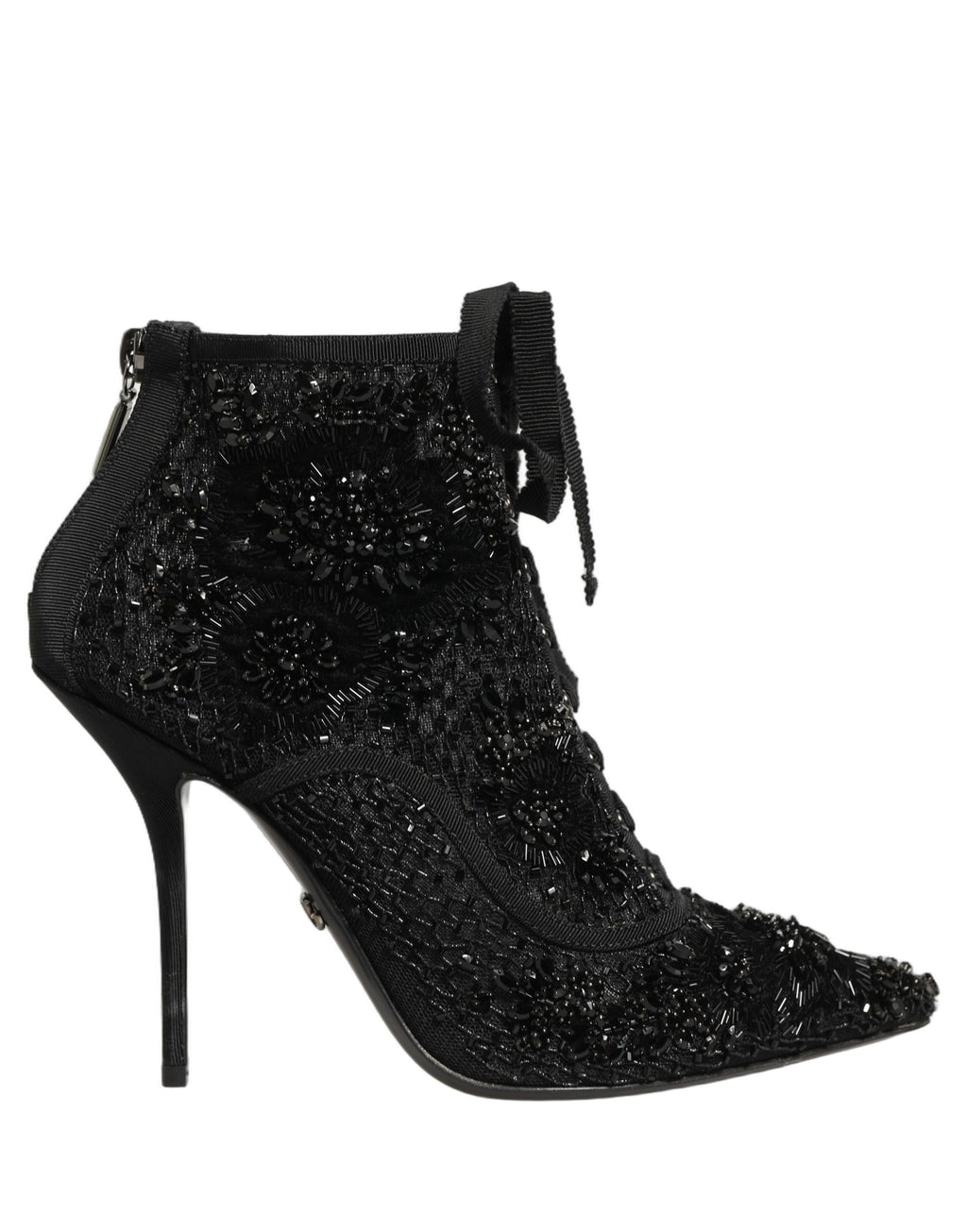 Bottes à talons mi-hauts Dolce & Gabbana en mesh noir ornées de broderies et embellissements, vue de côté.