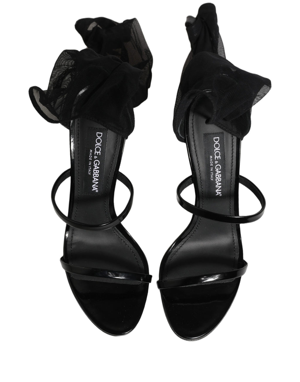Sandales à talons stilettos noires Dolce & Gabbana avec chaussettes intégrées et bottines hautes en cuir, vue de face.