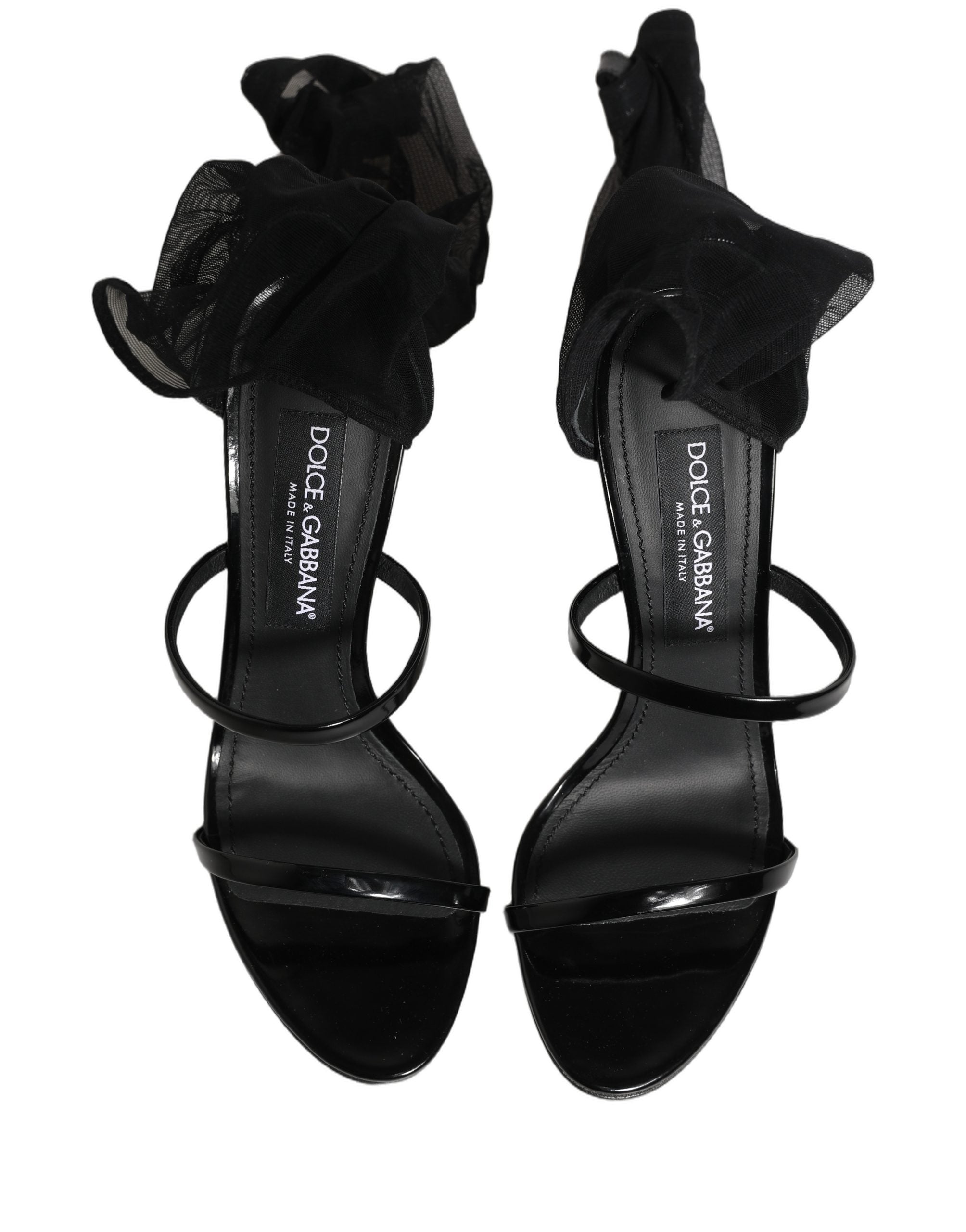 Sandales à talons stilettos noires Dolce & Gabbana avec chaussettes intégrées et bottines hautes en cuir, vue de face.