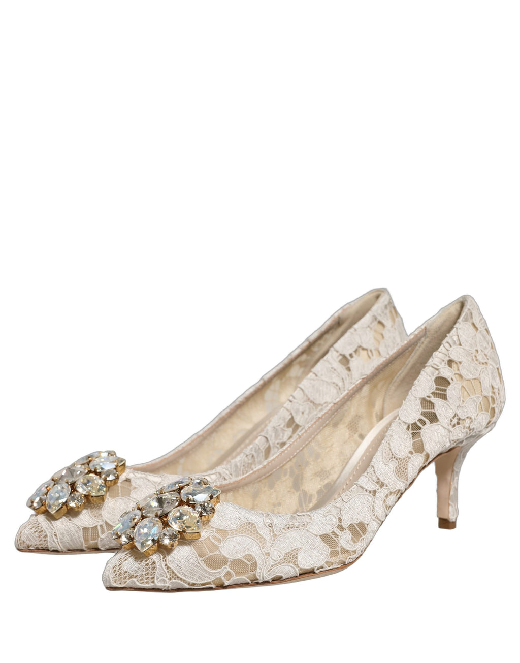 Chaussures à talons blanches Dolce & Gabbana Taormina en dentelle et cristaux, élégantes et sophistiquées.