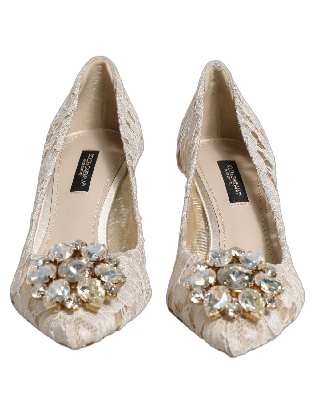 Chaussures Dolce & Gabbana Taormina blanches en dentelle avec cristaux, élégantes chaussures à talons pour femmes