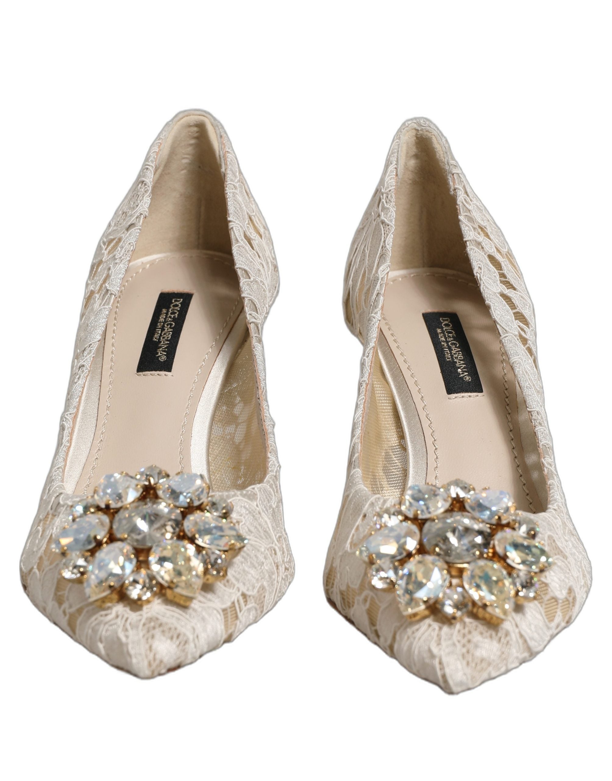 Chaussures Dolce & Gabbana Taormina blanches en dentelle avec cristaux, élégantes chaussures à talons pour femmes