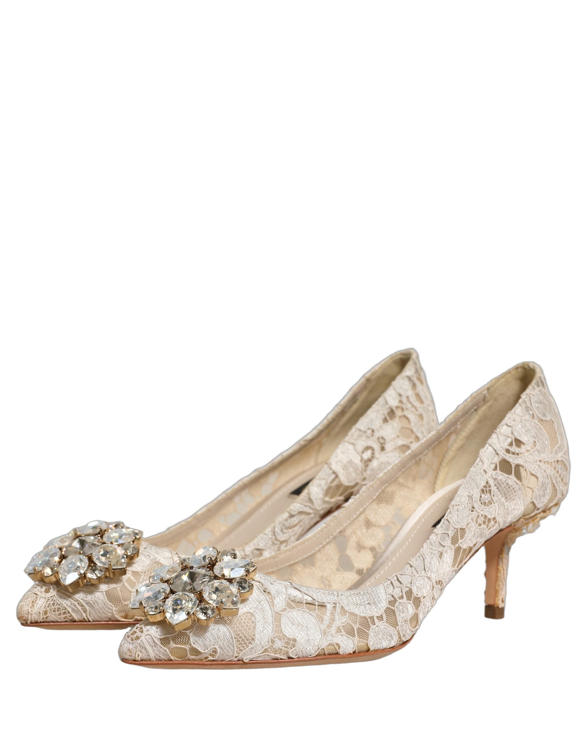 Chaussures à talons Dolce & Gabbana Taormina en dentelle blanche avec cristaux, élégantes et sophistiquées.