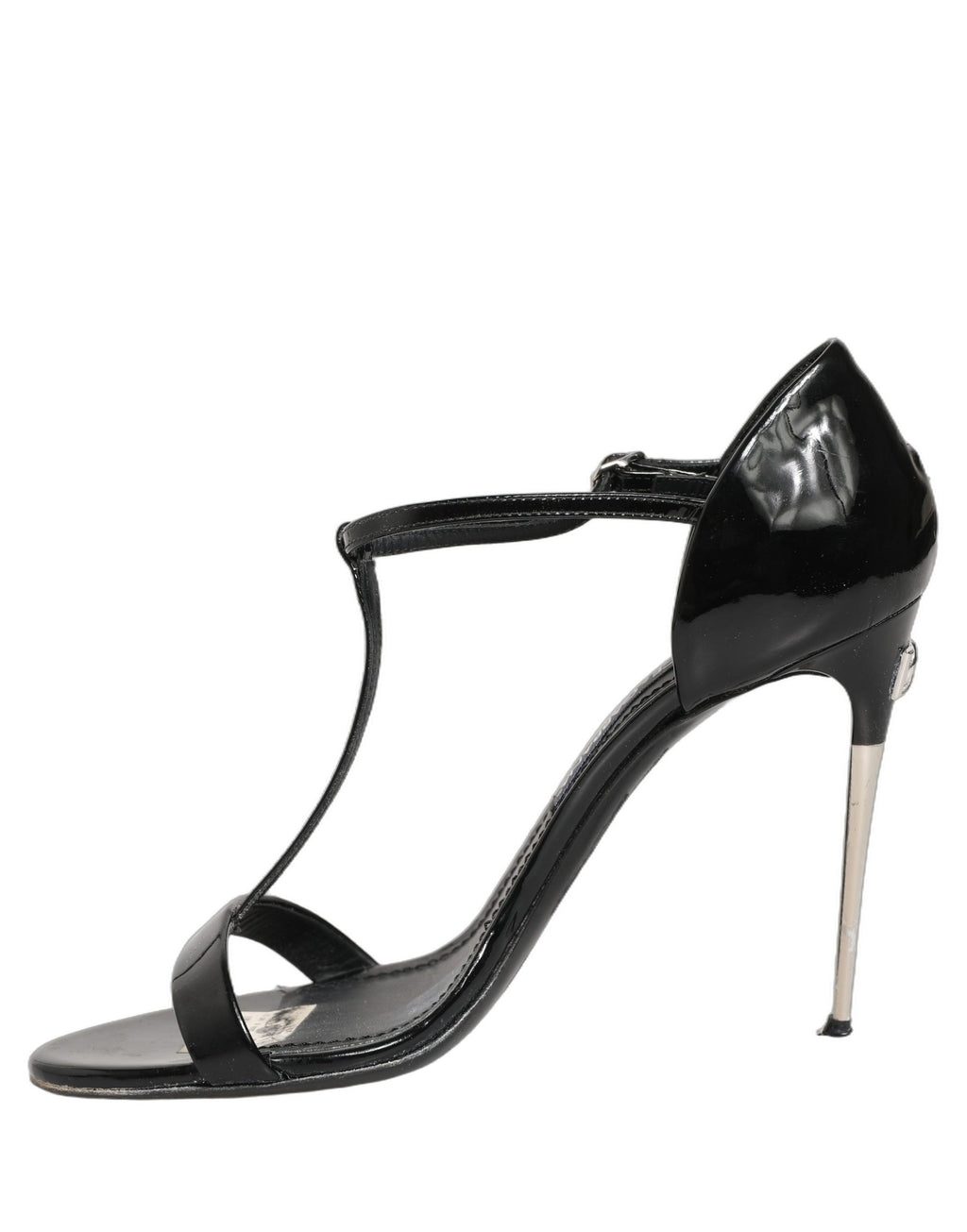 Sandales à talons en cuir noir Dolce & Gabbana avec bride T-strap, élégantes et sophistiquées, vues en plan rapproché.