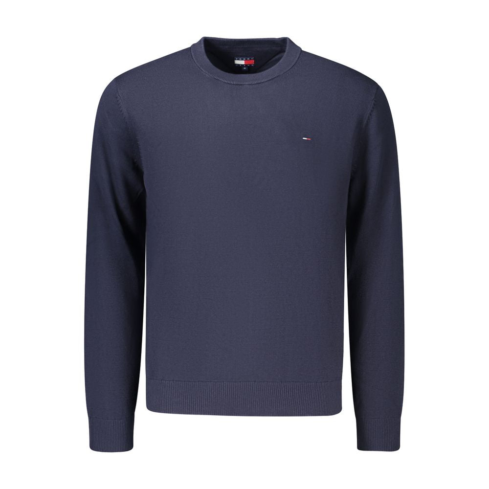 Pull en maille pour homme Tommy Hilfiger en coton bleu, détail de la texture et du col côtelé visible.