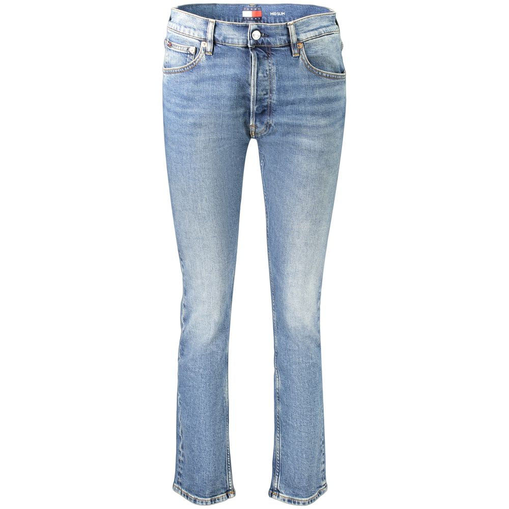 Jeans pour femme Tommy Hilfiger en coton bleu, coupe classique, avec détails de la marque visibles.