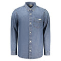 Chemise en coton bleu pour homme de la marque Calvin Klein, vue de face, avec col et boutons.