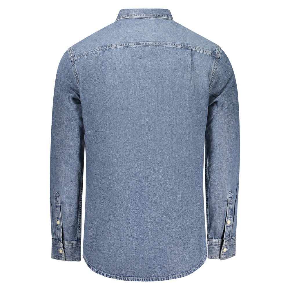 Chemise pour homme Calvin Klein en coton bleu, avec col classique et manches longues, vue de face.