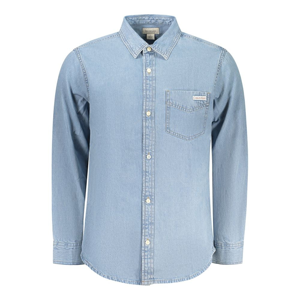 Chemise pour homme Calvin Klein Azzurro en coton, couleur bleue claire, avec col classique et boutons, vue de face.