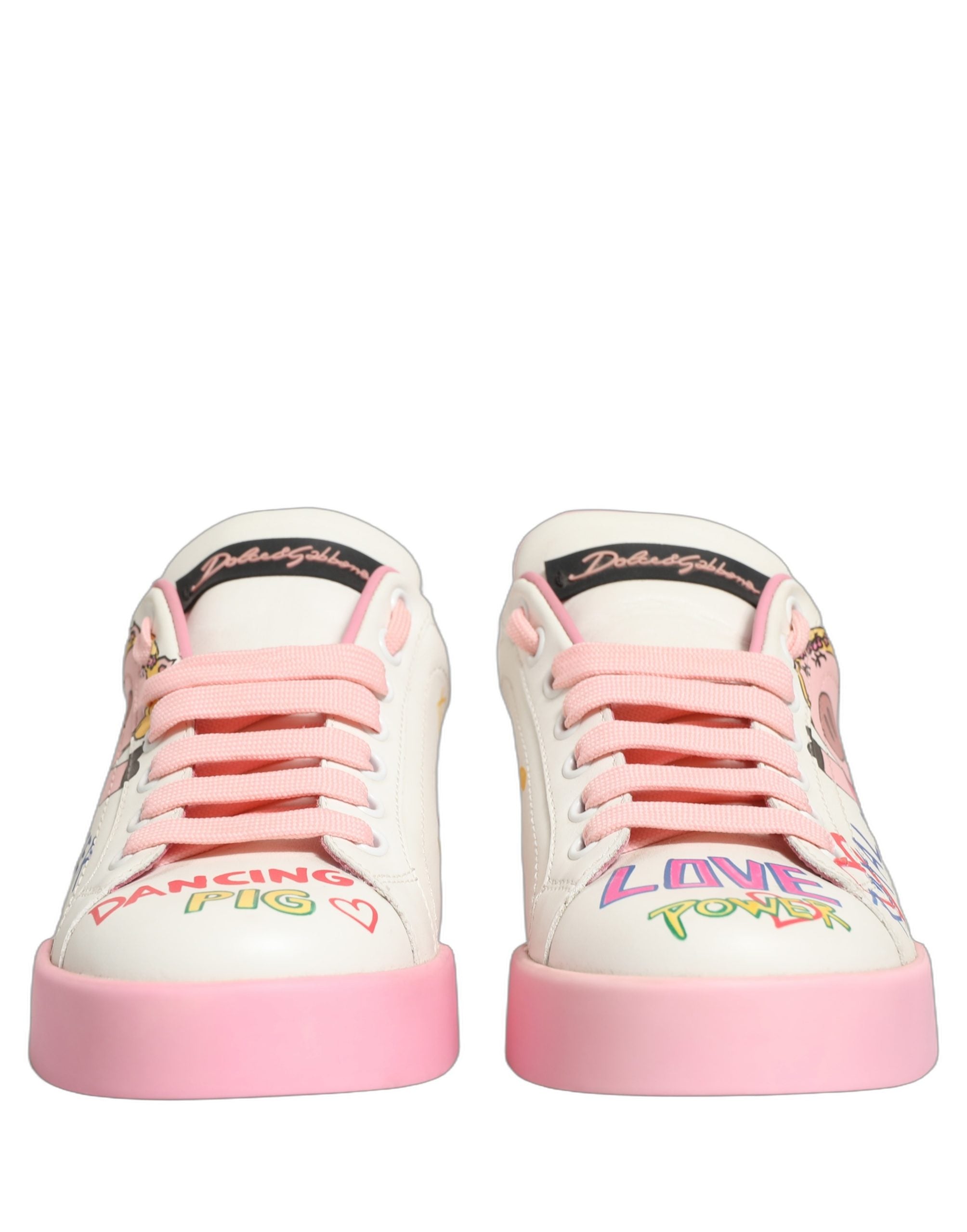 Sneakers Dolce & Gabbana Portofino Royal avec motifs de porcs blancs et roses, chaussures de mode en toile.