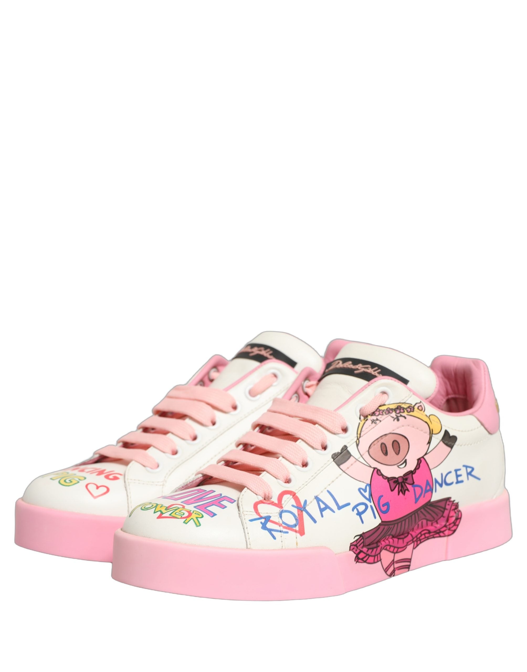Chaussures Dolce & Gabbana Portofino Royal avec motifs de porc blanc et rose, baskets élégantes pour femmes.