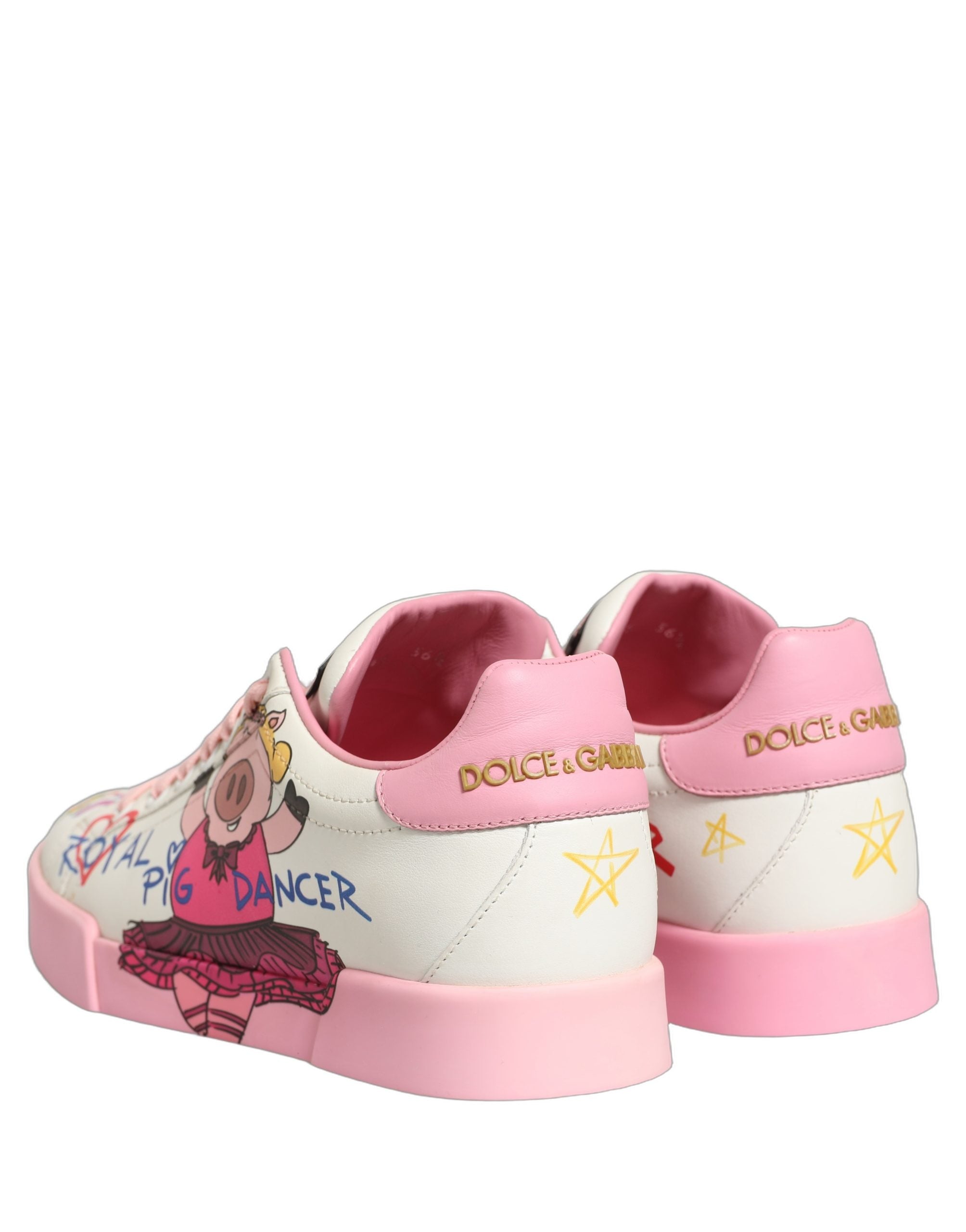 Chaussures sneakers portofino Dolce & Gabbana blanches et roses avec motif royal porcine, vue de face.
