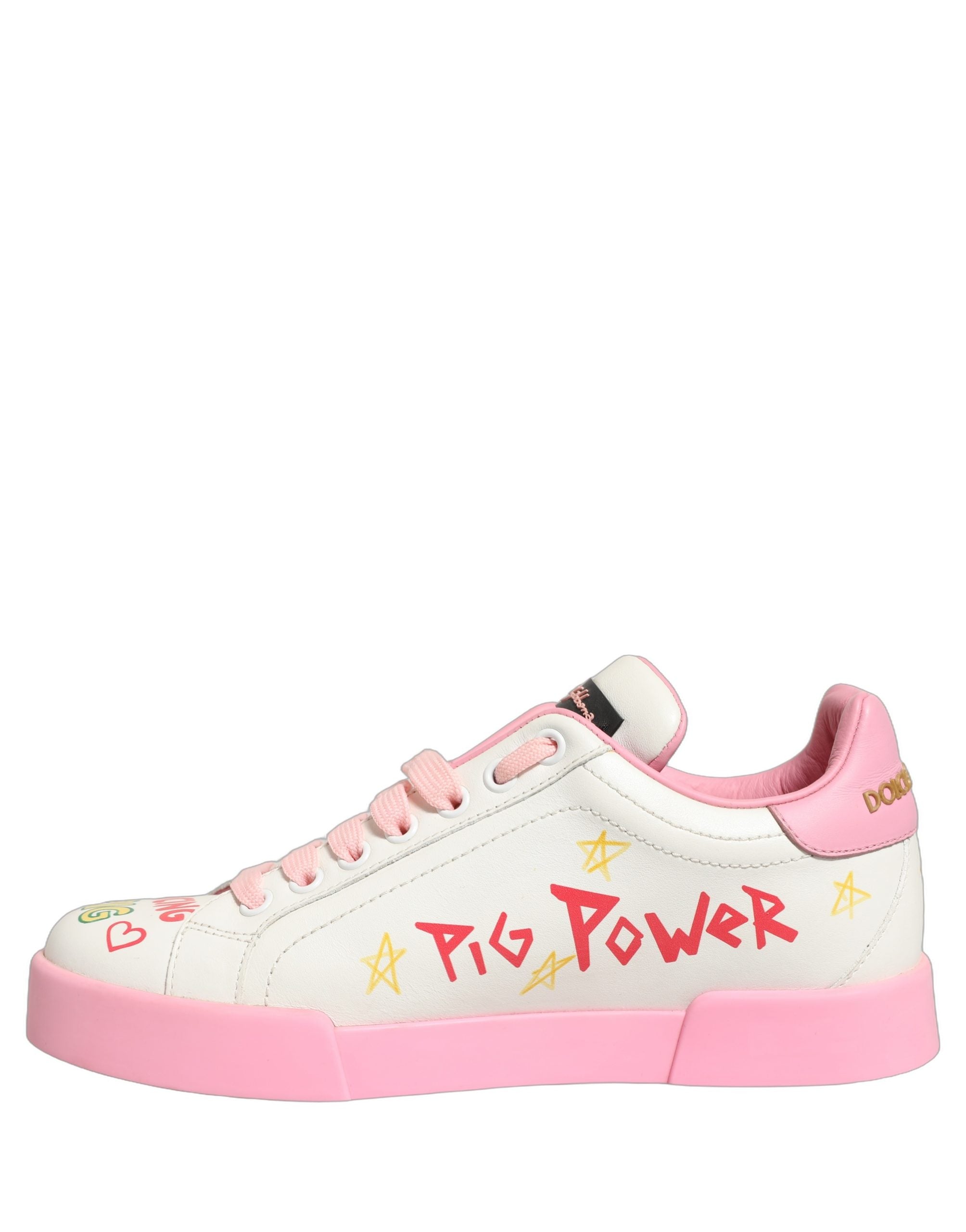 Chaussures sneakers portofino royal Dolce & Gabbana blanches et roses pour femme, en cuir avec logo Dolce & Gabbana visible