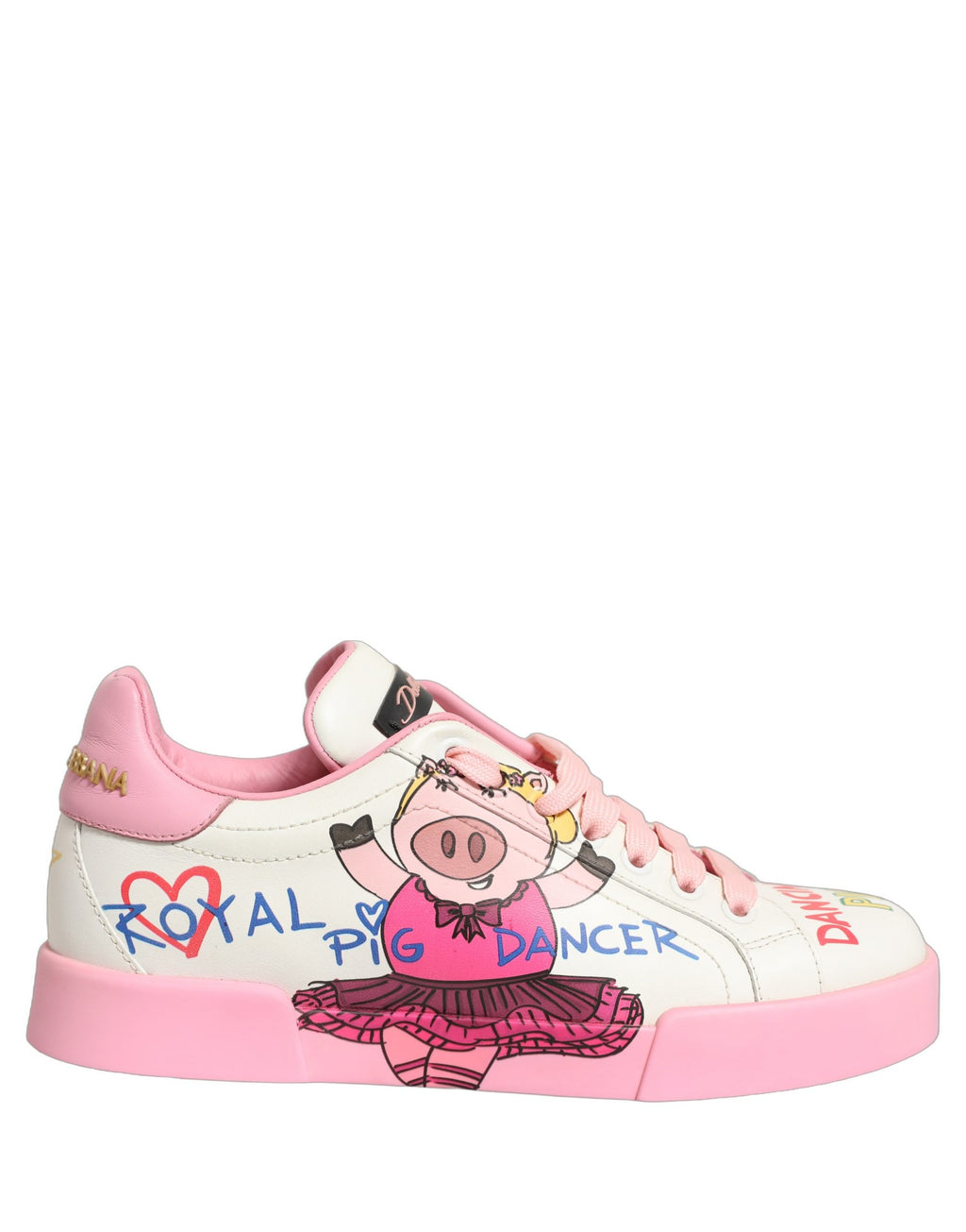 Chaussures sneakers portofino royales Dolce & Gabbana blanc et rose avec motif de porc, vue de côté.