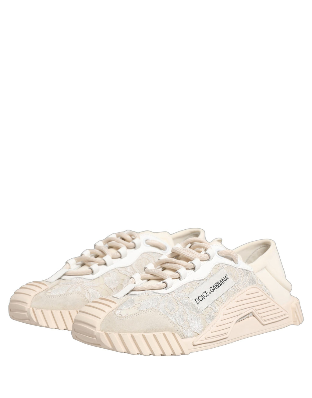 Chaussures de sport blanches Dolce & Gabbana Lace NS1, baskets basses en dentelle élégantes pour homme ou femme.