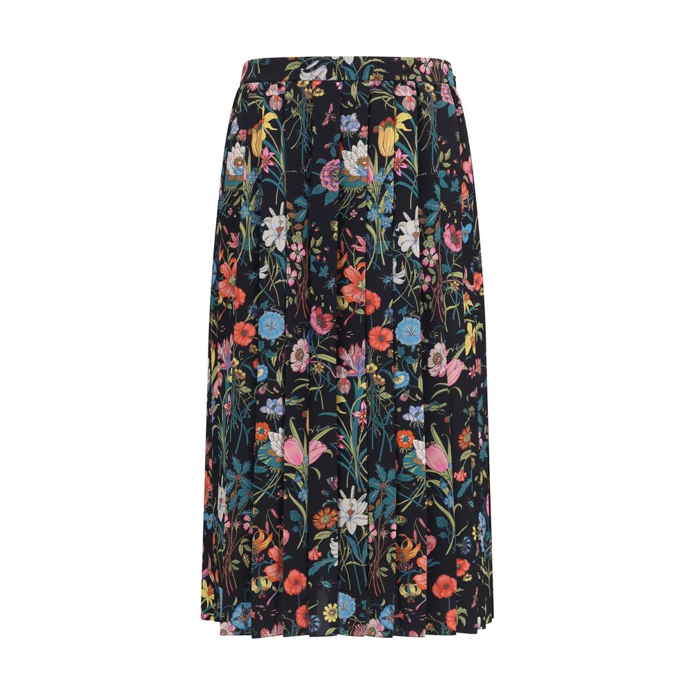 Jupe midi en soie multicolore Gucci avec motif élégant, portée fluide et sophistiquée, idéale pour un style chic et moderne.