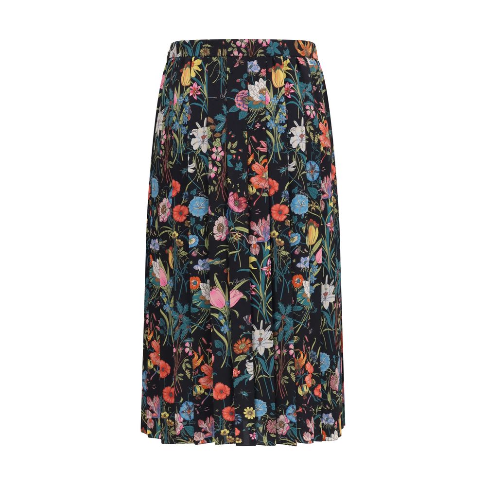 Jupe midi en soie multicolore Gucci avec motif élégant, longueur mi-mollet et design sophistiqué.