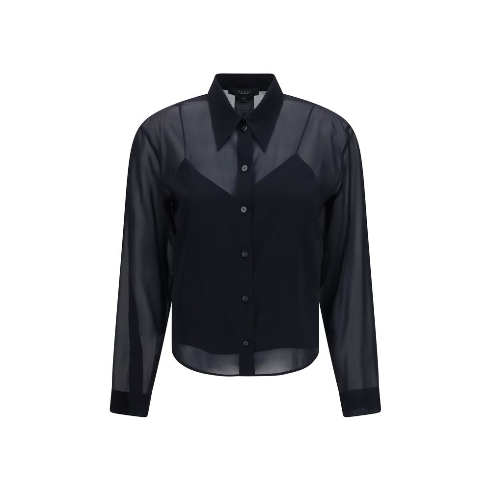 Chemise en soie noire à motif Gucci, élégante et sophistiquée, avec col classique et manches longues.