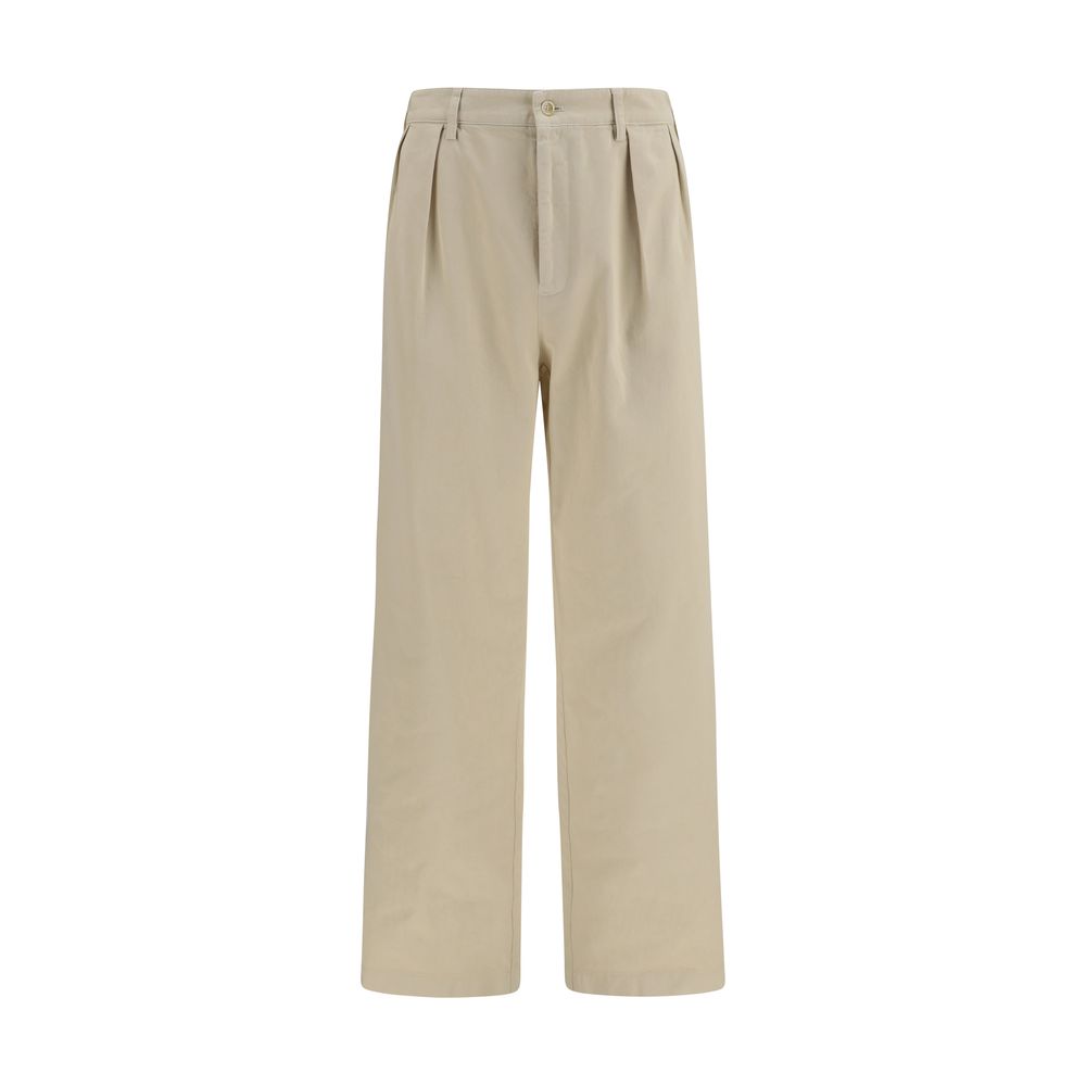 Pantalon décontracté en coton beige de Prada, vue de face, avec coupe élégante et couture soignée.