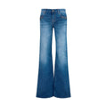 Jeans évasés en coton bleu Gucci, style tendance, avec coupe flared et détails modernes, visibles sur l'image.