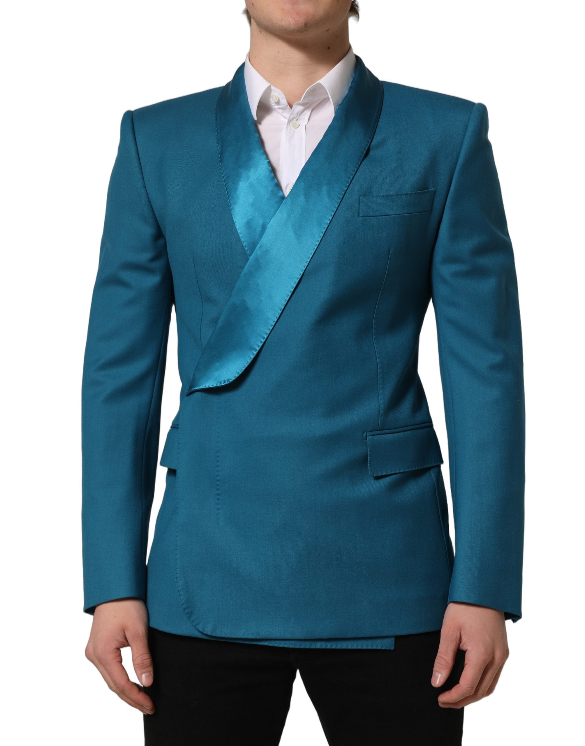 Manteau formel en laine teal de Dolce & Gabbana, double boutonnage, blazer élégant pour homme ou femme.