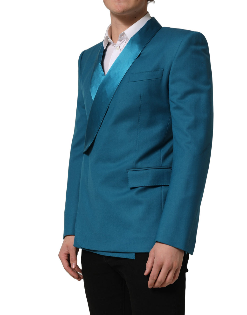Manteau formel en laine bleu sarcelle Dolce & Gabbana, double boutonnage, style blazer pour homme.