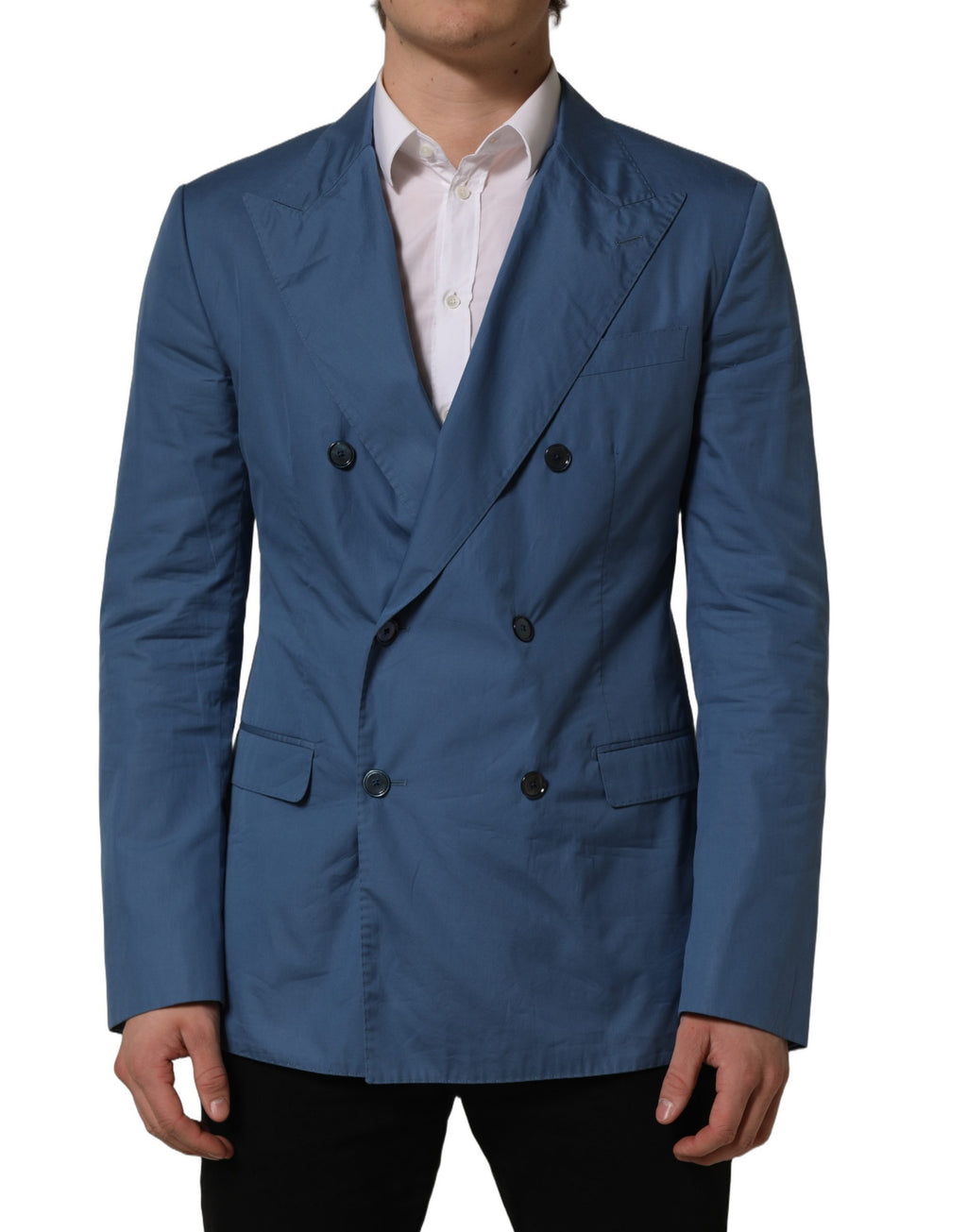 Manteau pour homme Dolce & Gabbana en coton bleu, double boutonnage, blazer élégant et classique.