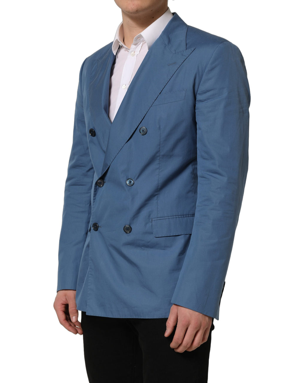 Manteau homme en coton bleu Dolce & Gabbana, double boutonnage, style blazer élégant et sophistiqué.