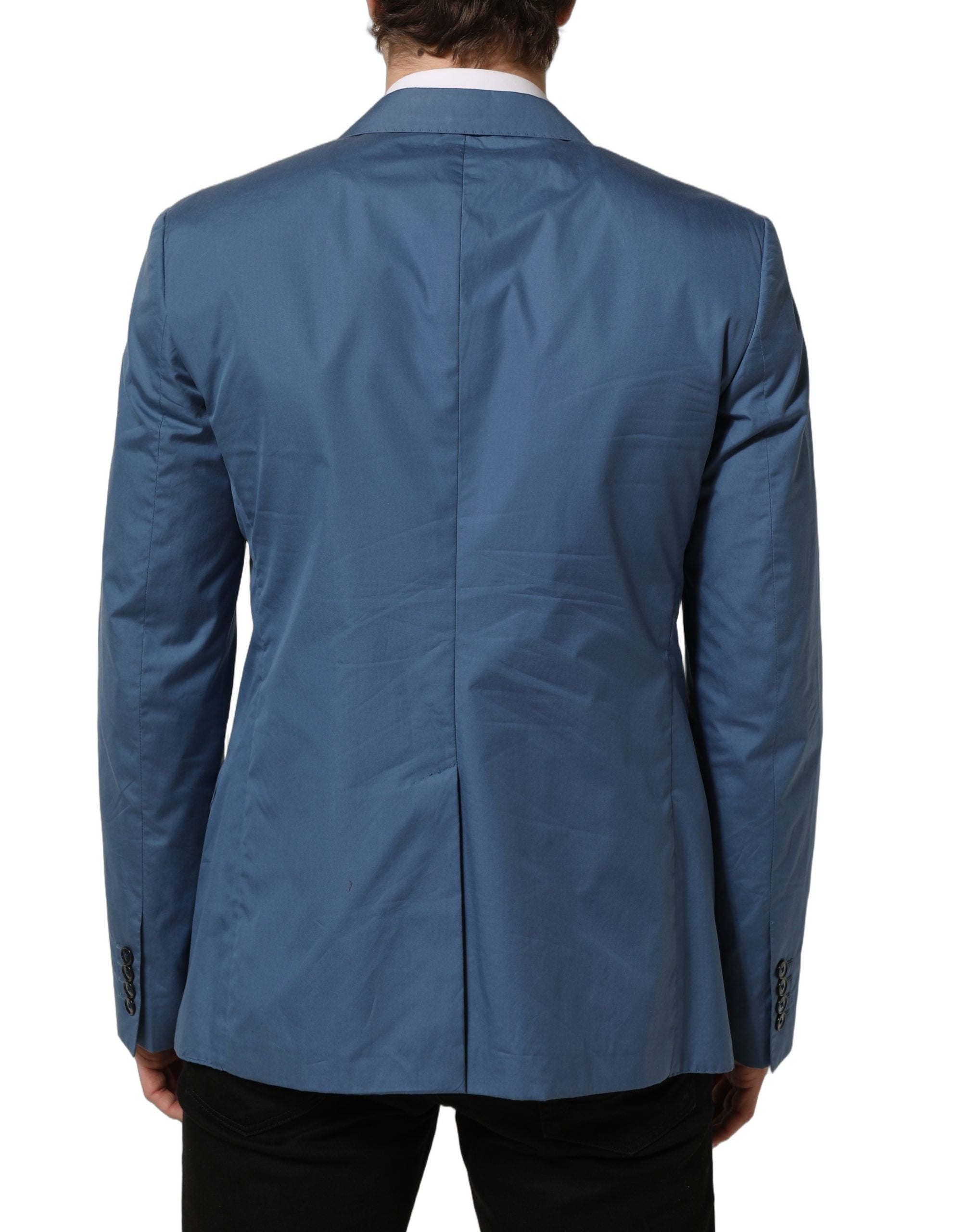 Manteau blazer homme en coton bleu double boutonnage Dolce & Gabbana, style élégant et classique, visible sur l’image.