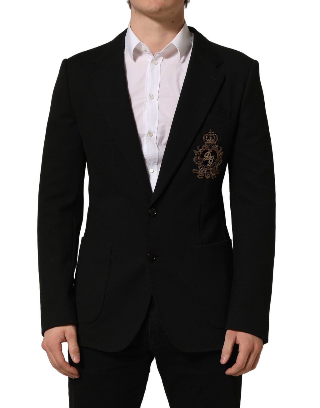 Manteau blazer noir Dolce & Gabbana avec logo crest, simple à un bouton, élégant et classique, en tissu de qualité.