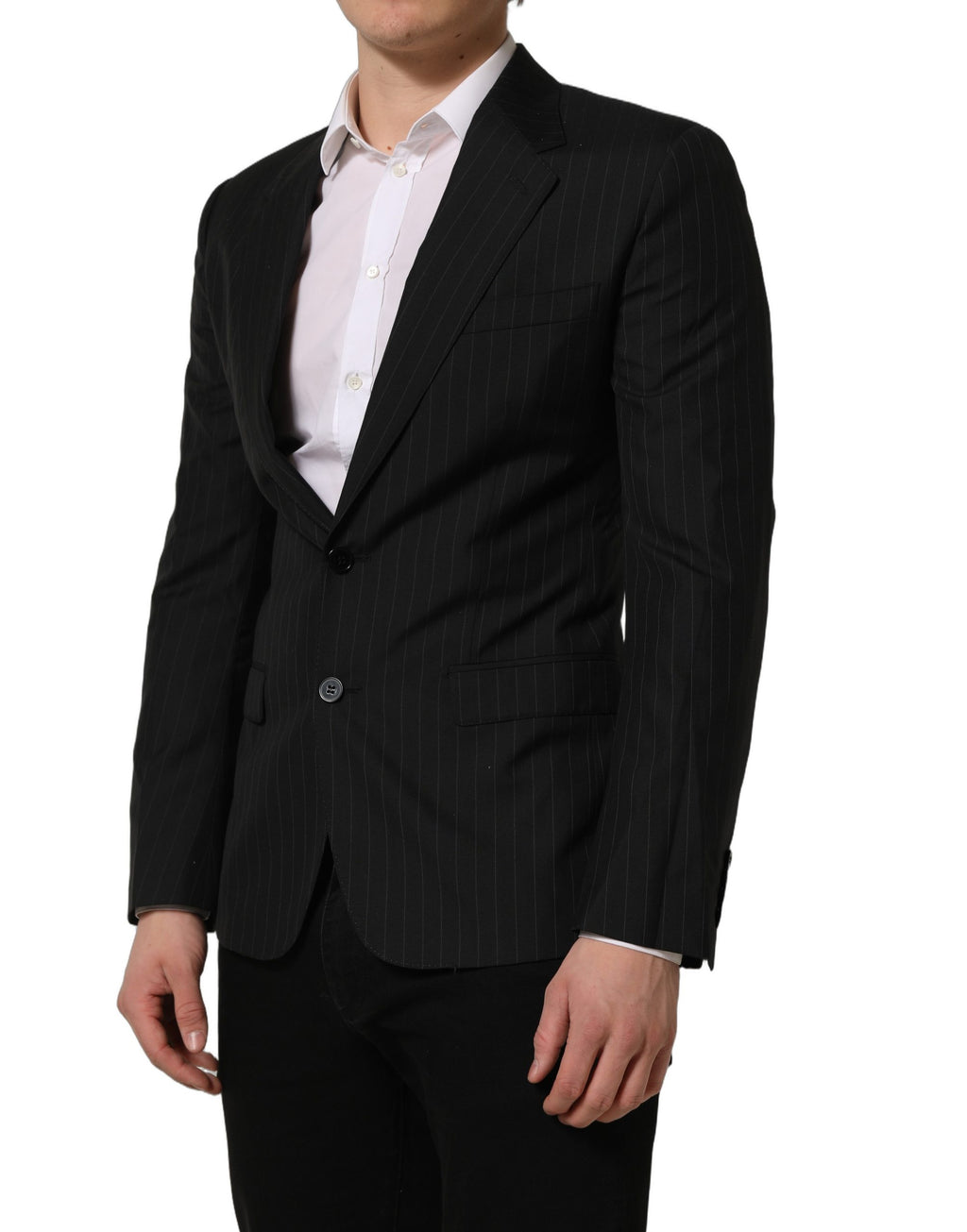 Blazer en laine noir à rayures de Dolce & Gabbana, coupe simple boutonnage croisé, style élégant et sophistiqué.