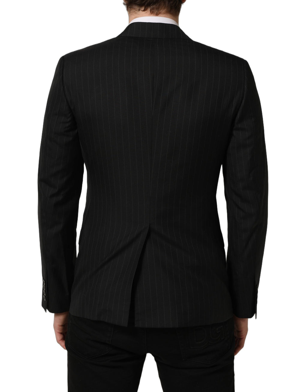 Blazer en laine noir à rayures de Dolce & Gabbana, coupe simple, à boutonnière simple, élégant et sophistiqué.