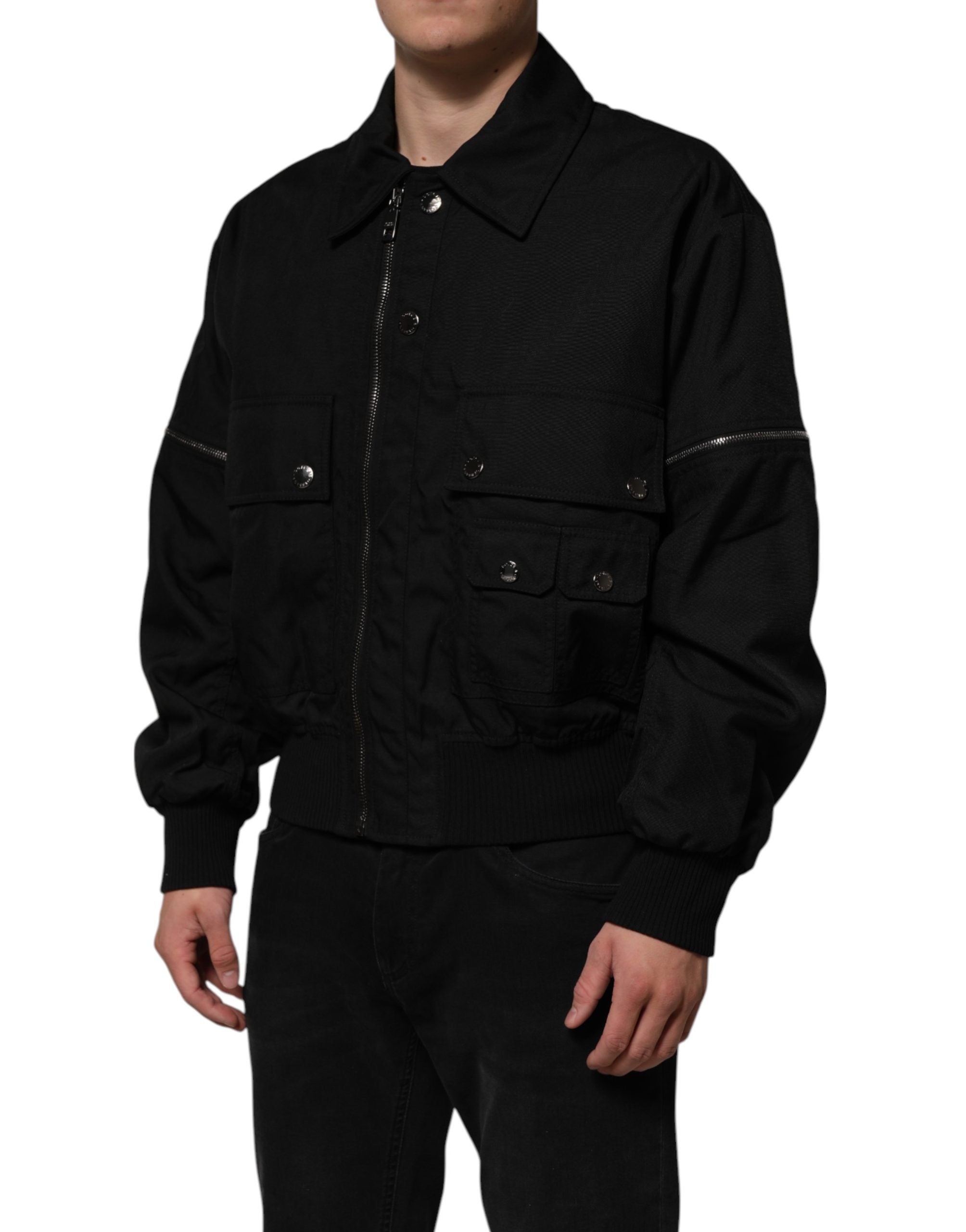 Veste blouson bomber noir en nylon de Dolce & Gabbana avec fermeture éclair complète.