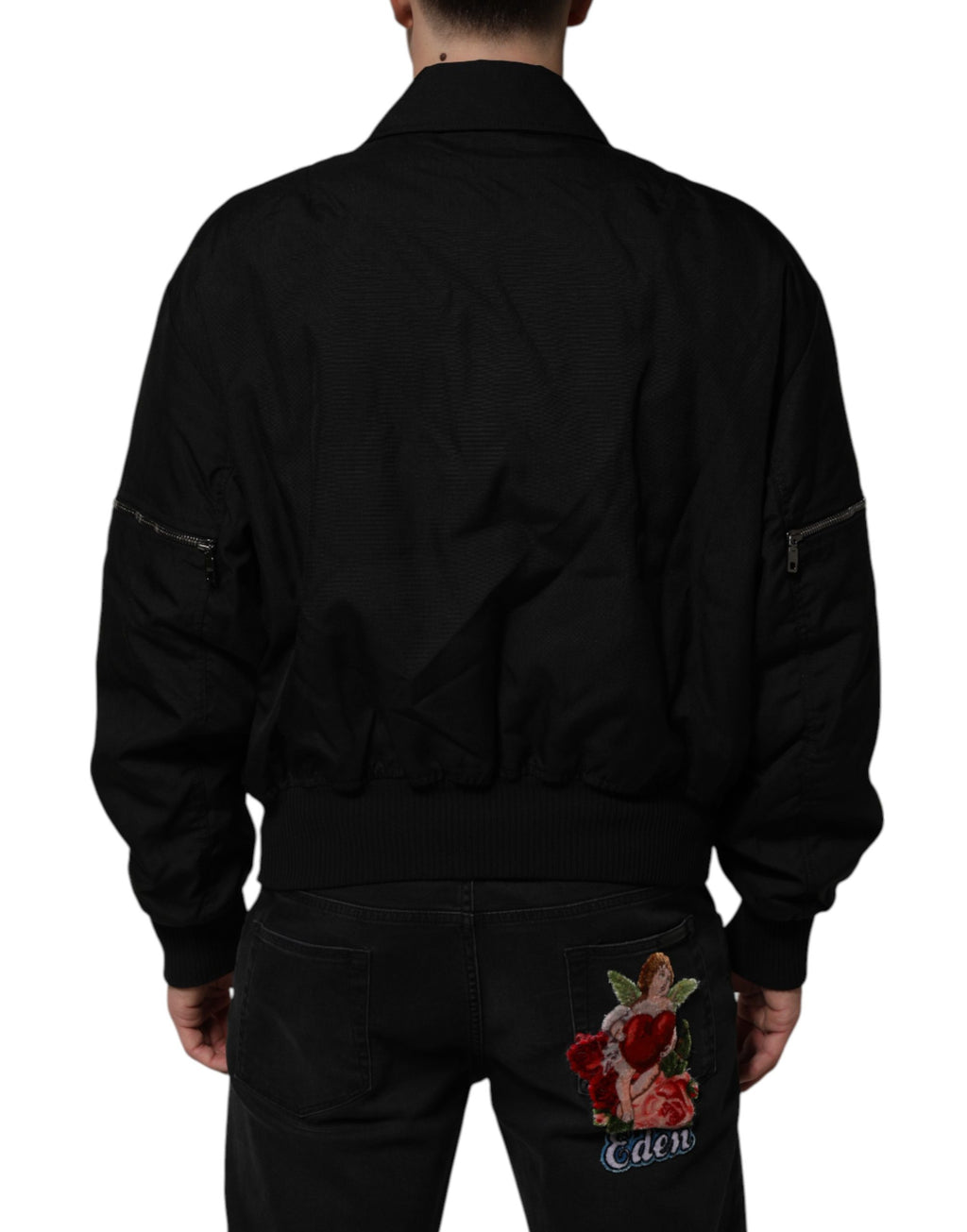 Veste bomber noire en nylon Dolce & Gabbana avec fermeture éclair complète, style décontracté et moderne.