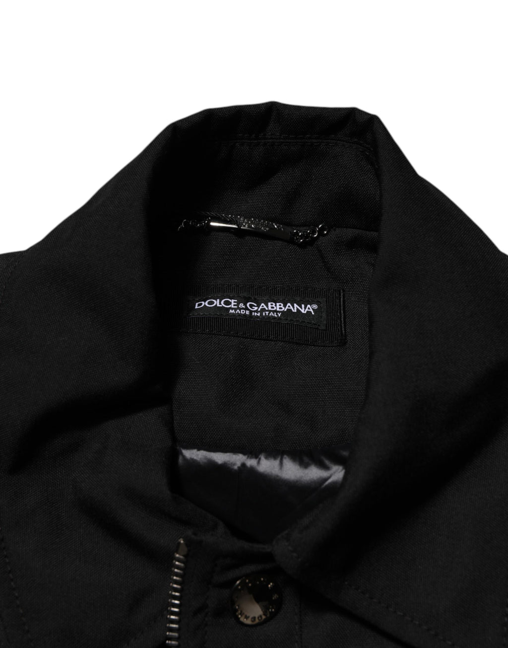 Veste bomber noire en nylon Dolce & Gabbana avec fermeture éclair complète, style moderne et élégant.