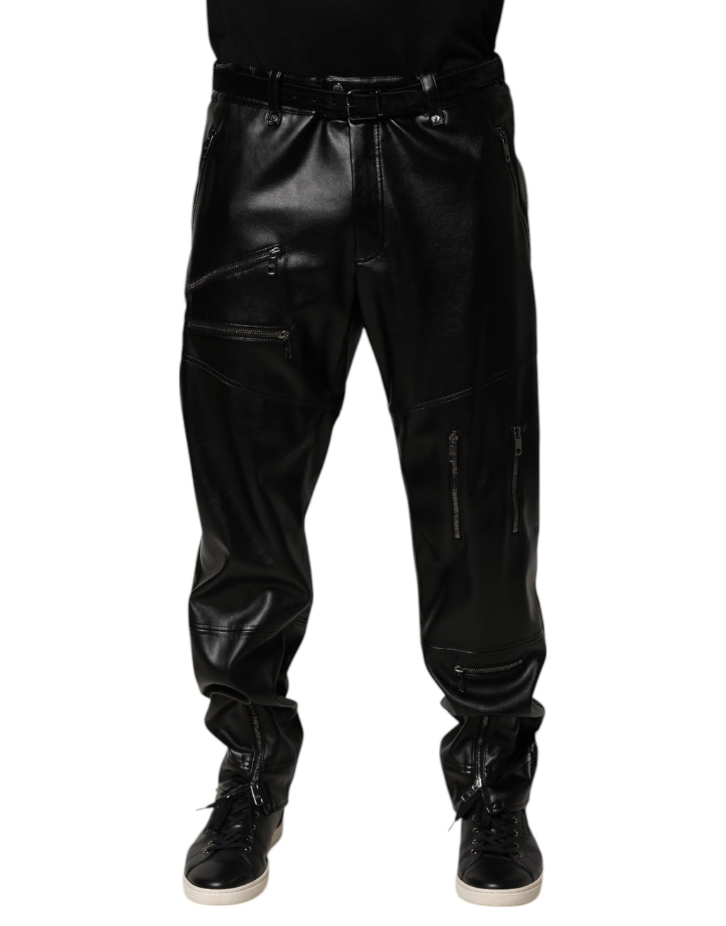 Pantalon homme noir en cuir synthétique avec fermeture éclair, style élégant de Dolce & Gabbana.