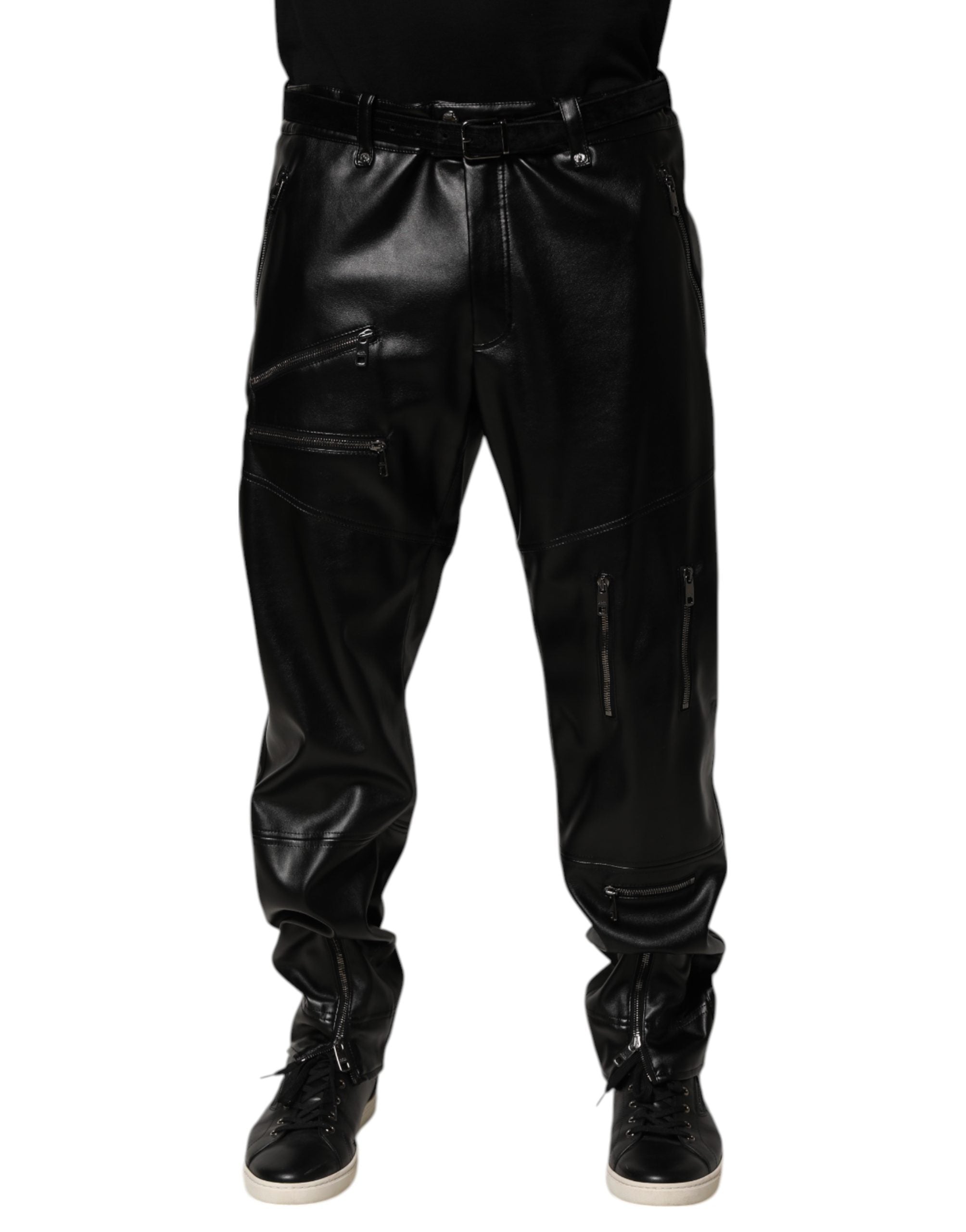 Pantalon homme noir en cuir synthétique avec fermeture éclair, style élégant de Dolce & Gabbana.