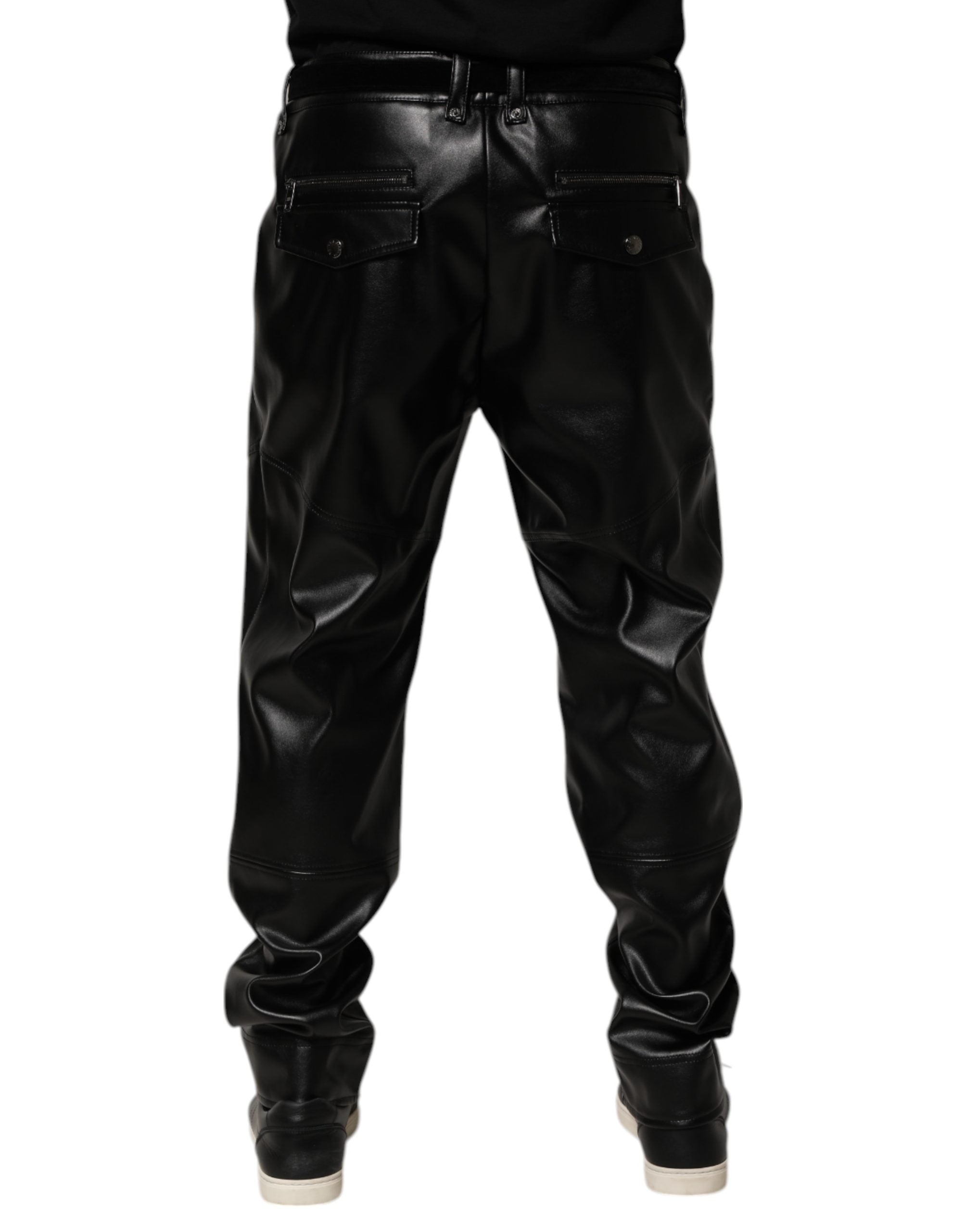 Pantalon homme en cuir synthétique noir Dolce & Gabbana avec fermeture éclair, style élégant et moderne.