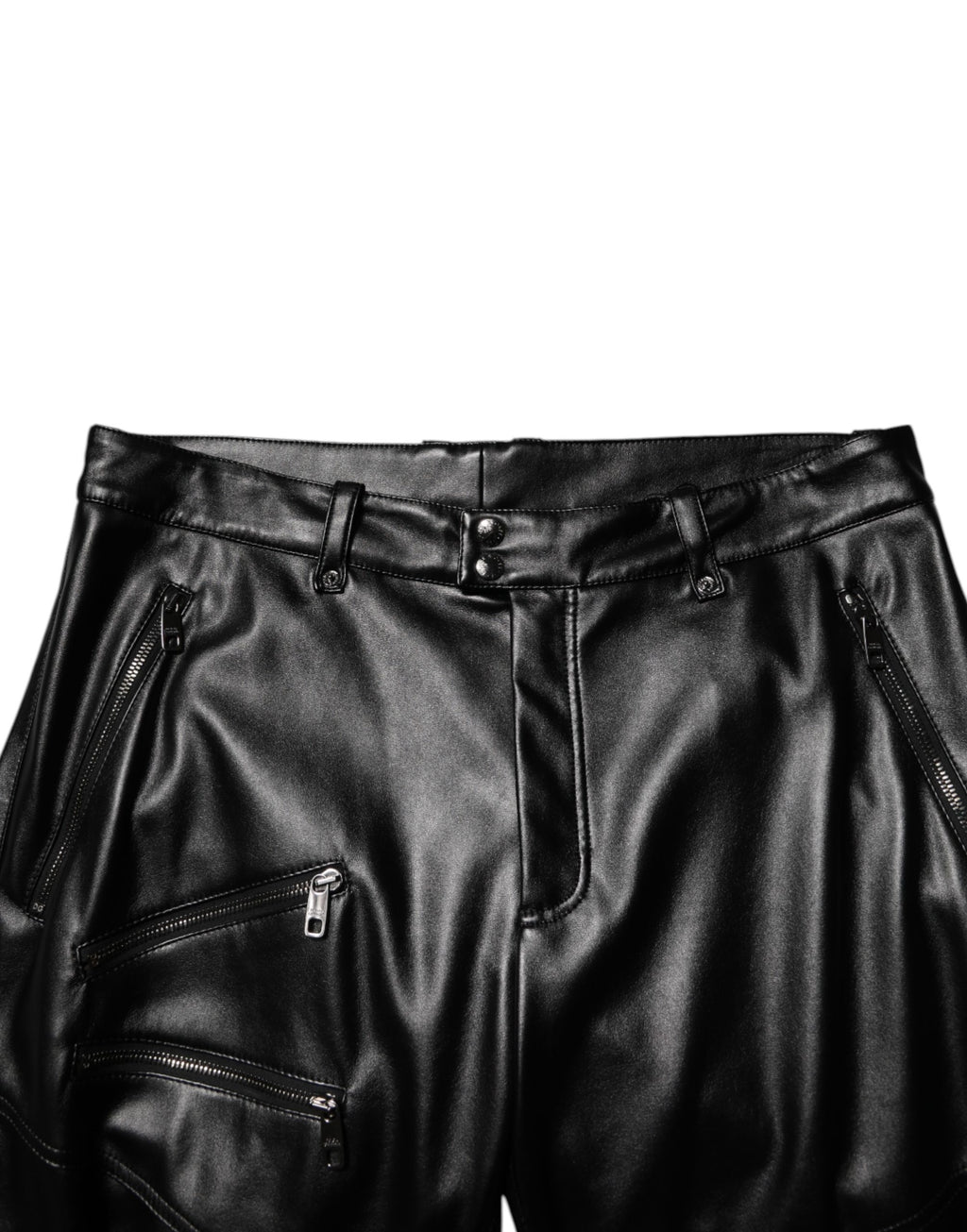 Pantalon homme noir en cuir synthétique Dolce & Gabbana avec fermeture éclair, style élégant et moderne.