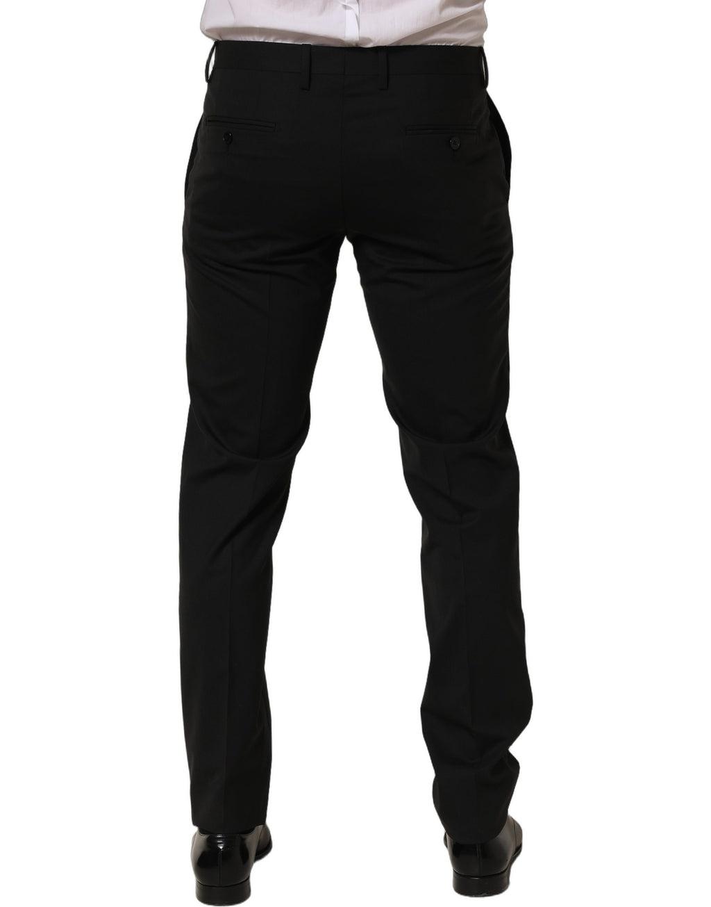 Pantalon homme Dolce & Gabbana en laine noire, coupe skinny, style pantalon slim, visible en détail sur l'image.