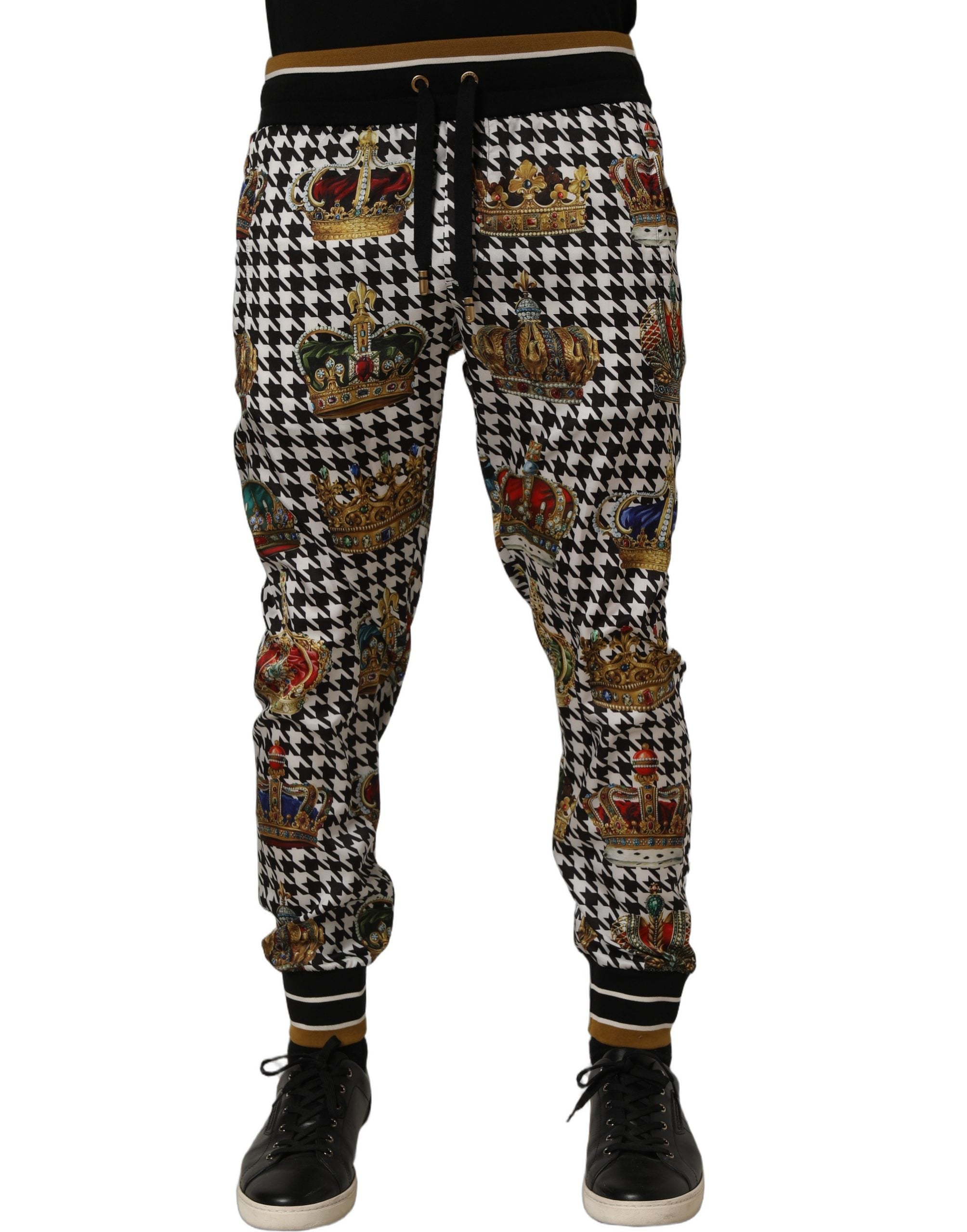 Pantalon de survêtement Dolce & Gabbana à motif pied-de-poule multicolore pour homme, avec logo en couronne.