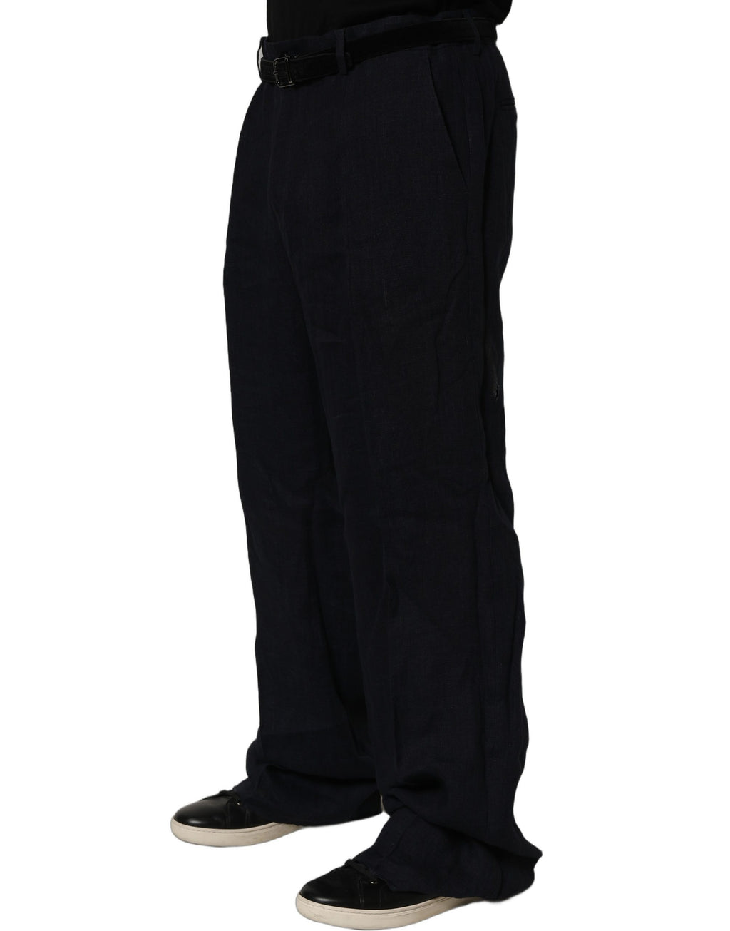 Pantalon droit en lin noir Dolce & Gabbana pour femme, style élégant et confortable, visible en détail sur la photo.