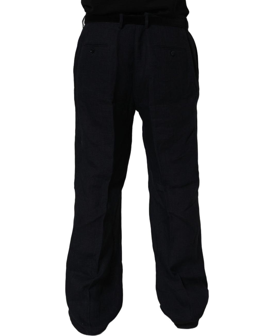 Pantalon droit en lin noir de Dolce & Gabbana, pantalon habillé élégant pour femme, vue de face sur fond blanc.