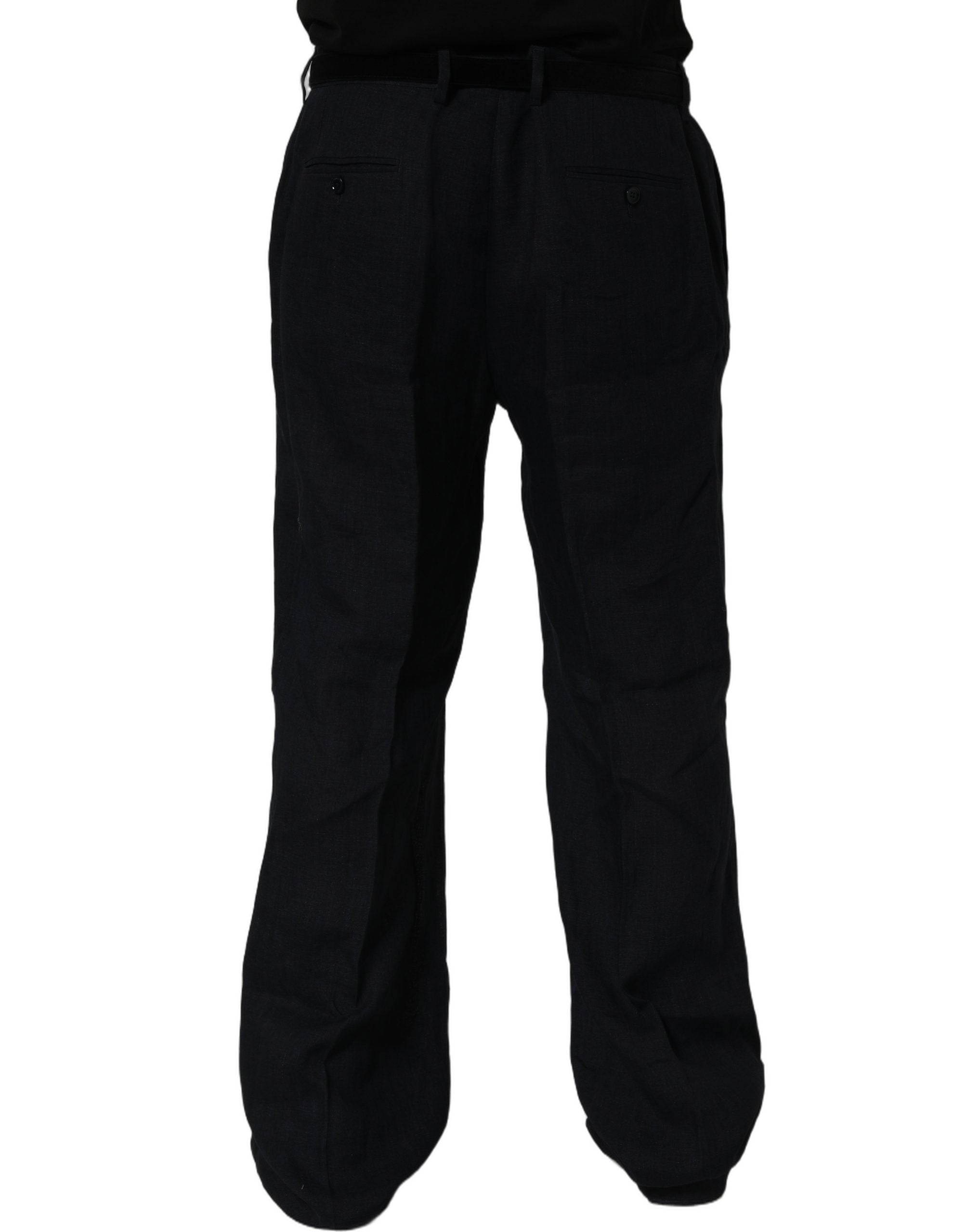 Pantalon droit en lin noir de Dolce & Gabbana, pantalon habillé élégant pour femme, vue de face sur fond blanc.